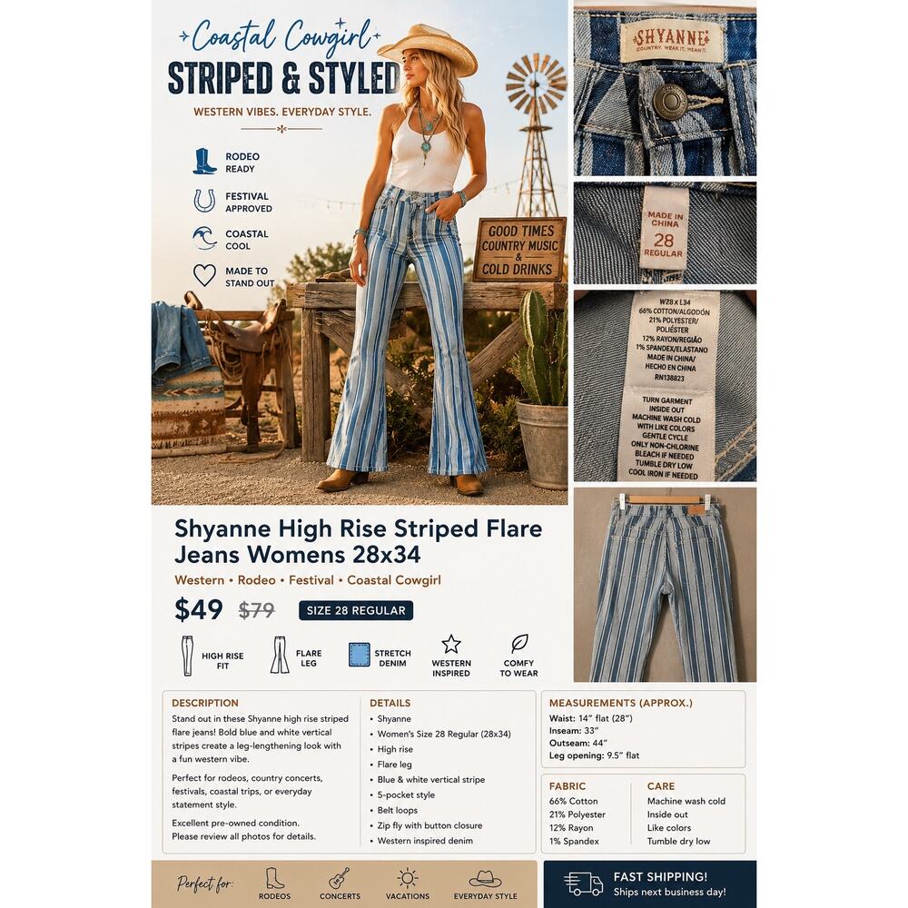 Shyanne Striped Flare Jeans Womens 28 High Rise Western Rodeo Festival Denim